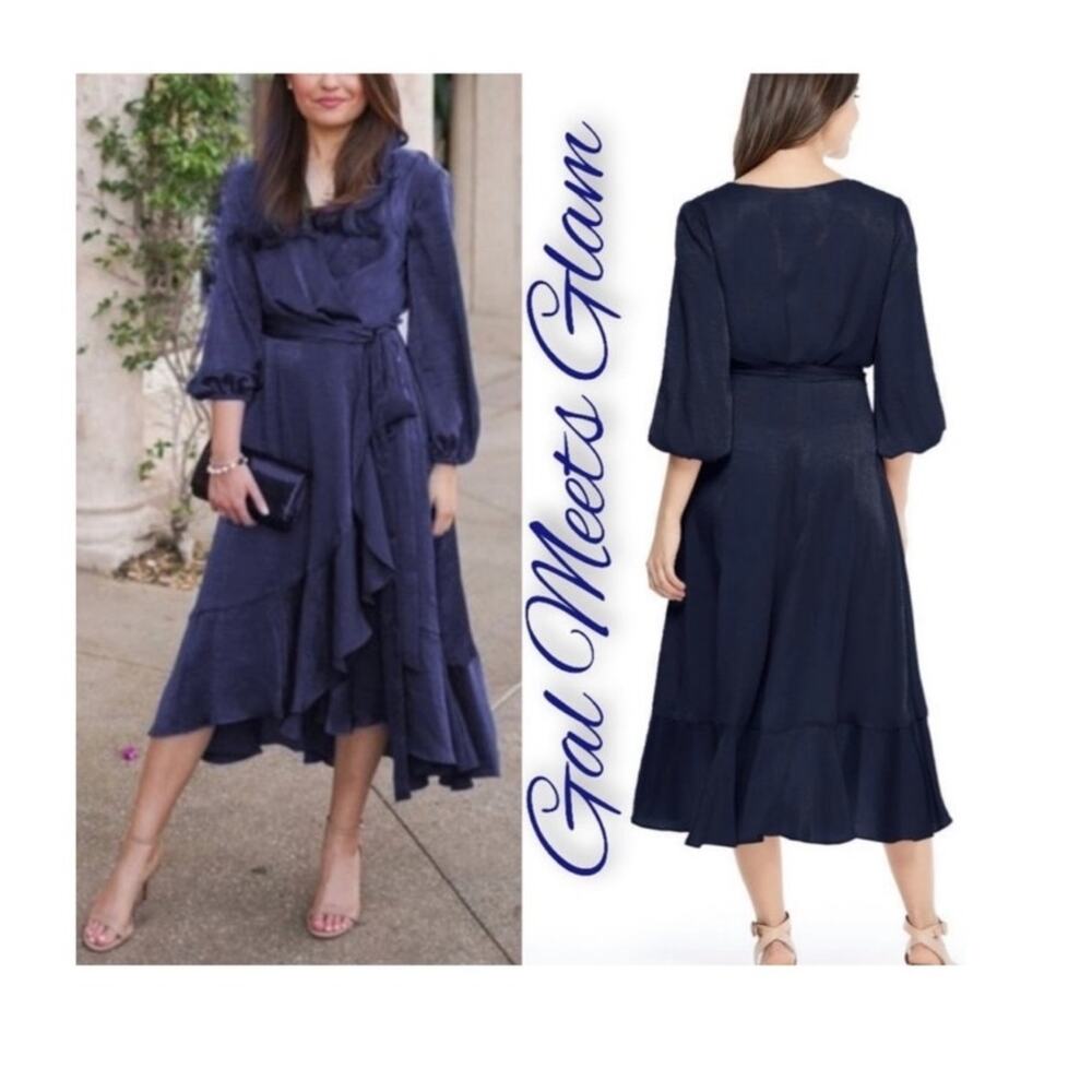 Gal Meets Glam Jennifer Navy Midi Satin Ruffle Wrap Hi Low Dress Size 2 - Picture 2 of 11
